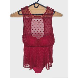 SEE PHOTOS Torrid Swimsuit Burgundy Mesh Dot